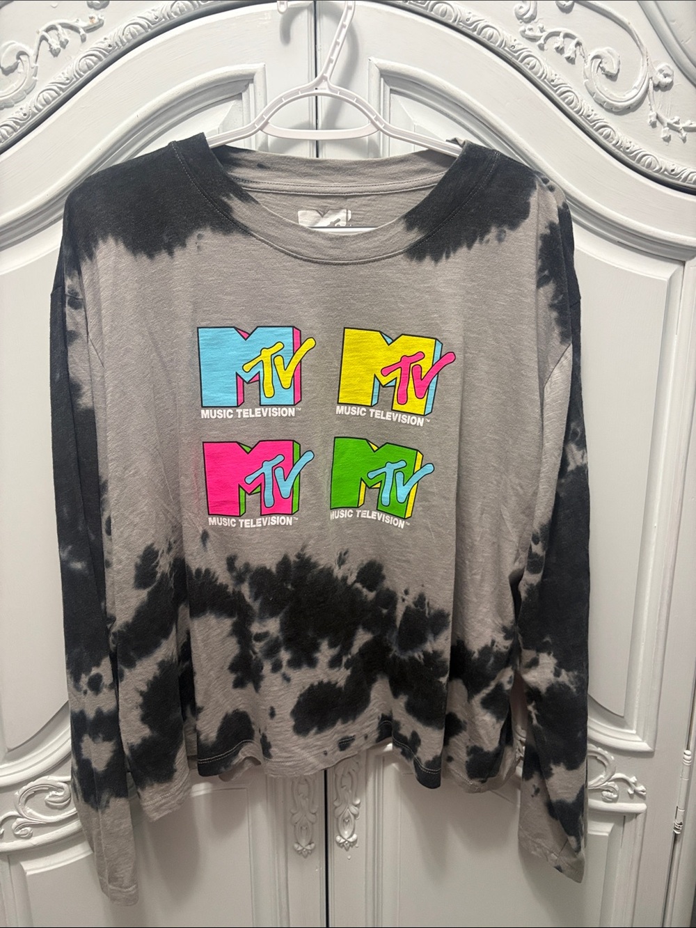 MTV Tie-Dye Long Sleeve Tee - Gray/Black with Neon Logos 3XL